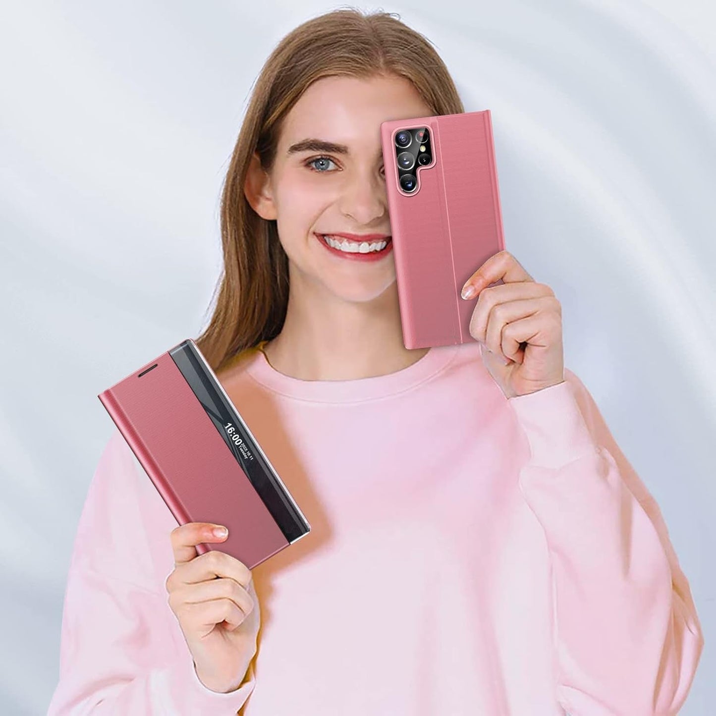 For Samsung Galaxy S22 Ultra 5G Case View Clear Window Leather for Samsung S22 Ultra Case Slim Mirror Hard PC Kickstand Luxury Flip Shockproof Galaxy S22 Ultra Cover Protective (Pink)