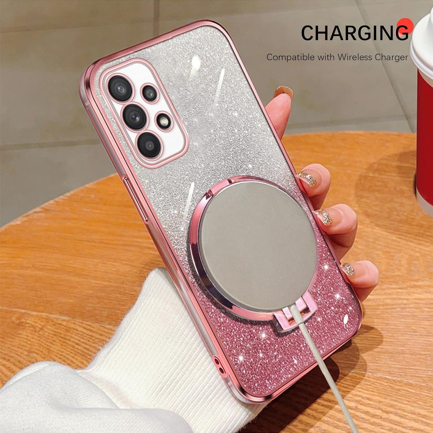 For Samsung Galaxy A53 Case, A53 5G Case Soft Tpu Luxury Plating Cute Bling Clear for Women Magnetic Shockproof with Ring Kickstand [Glitter Card & Wrist Strap] Protection Cover for A53 (Glitter Pink)