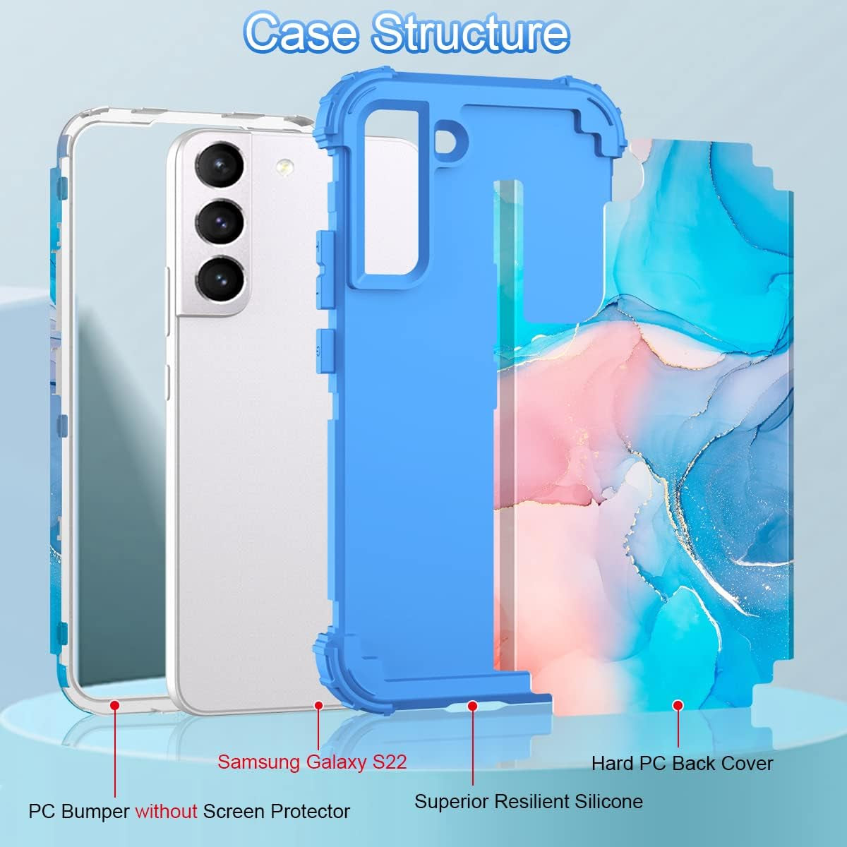 Fingic Galaxy S22 Case,Samsung Galaxy S22 Case Marble 3 in 1 Heavy Duty Protection Hybrid Hard PC Soft Silicone Rugged Bumper Case for Women Men Non-Slip Slim Phone Case for Samsung Galaxy S22,Blue