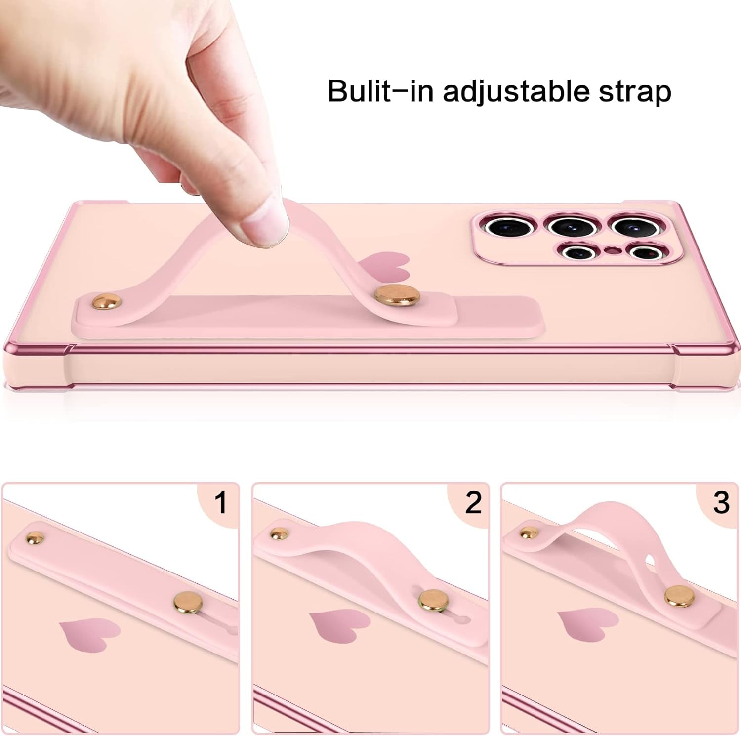 BENTOBEN Galaxy S22 Ultra Case,Slim Luxury Heart Design Plated Soft Bumper Women Men Girl Protective Case Cover with Strap for Samsung Galaxy S22 Ultra 6.8 Inch,Pink/Gold