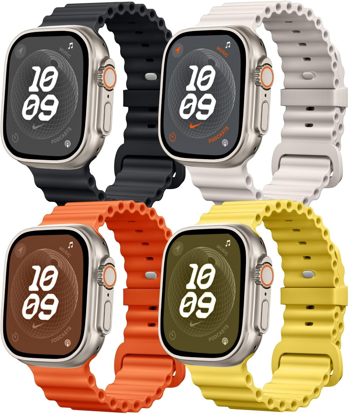 4 Pack Ocean Bands Compatible with Apple Watch Ultra Band 49Mm 45Mm 44Mm 42Mm Men Women, Soft Silicone Straps Sport Rugged Smartwatch Replacement for Iwatch Ultra Ultra 2 Series 9 8 7 6 5 4 3 2 1 SE