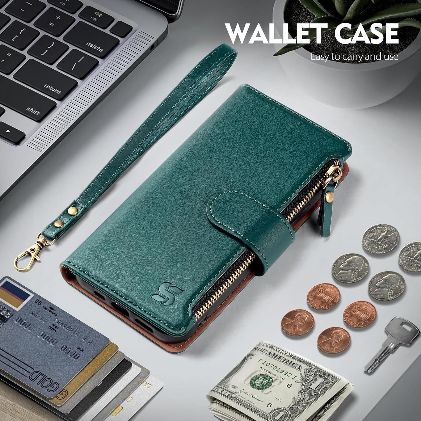 For Samsung Galaxy S22 Wallet Case,Galaxy S22 Phone Case PU Leather Flip Folio Protective Cover Wrist Strap Zipper Pocket Credit Card Slots Holder RFID Blocking,For Women Men,Blue Green