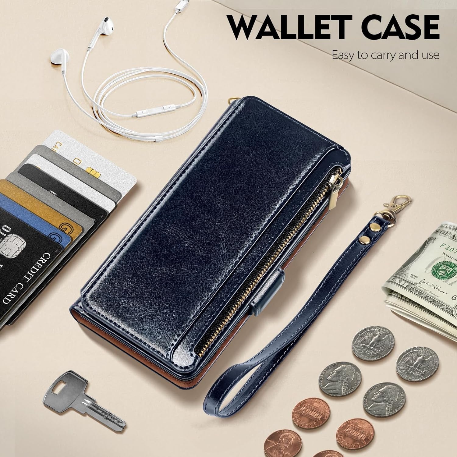 Antsturdy Samsung Galaxy S22 Ultra Wallet with Card Holder for Women Men,Galaxy S22 Ultra 5G Phone Case RFID Blocking PU Leather Flip Shockproof Cover with Strap Zipper Credit Card Slots,Dark Blue