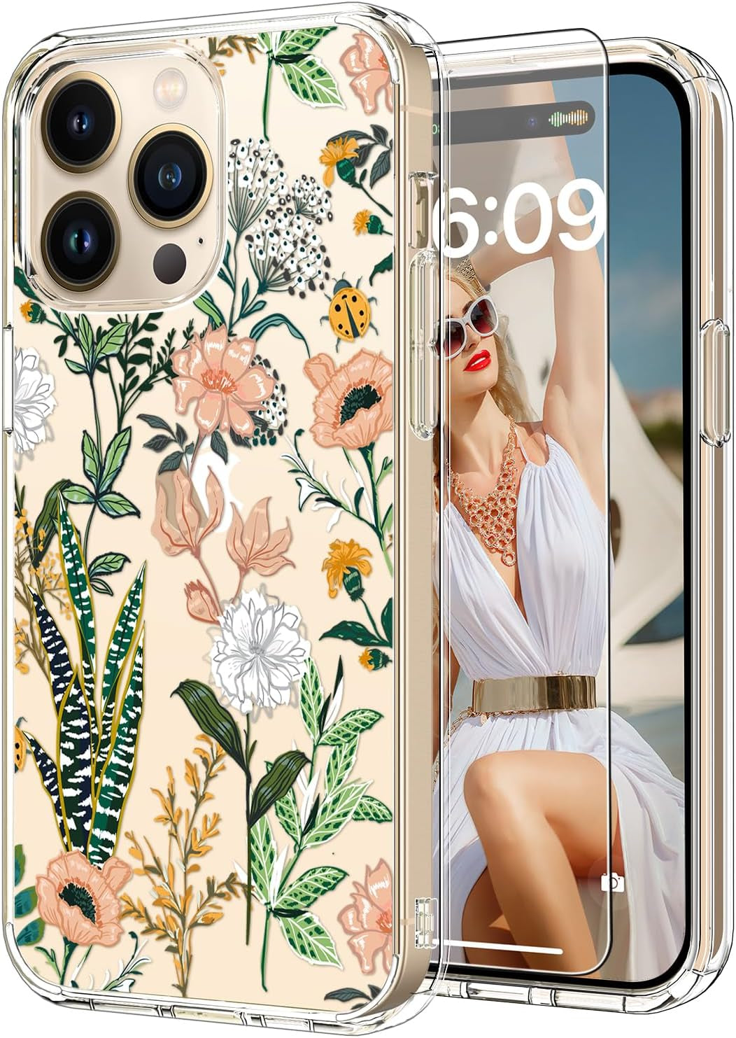 ICEDIO for Iphone 15 Pro Case with Screen Protector-Clear with Fashionable Trendy Patterns-Designed for Girls Women-Slim Fit Cover-Protective Phone Case 6.1" Cute Blooming Pink Floral  ICEDIO   