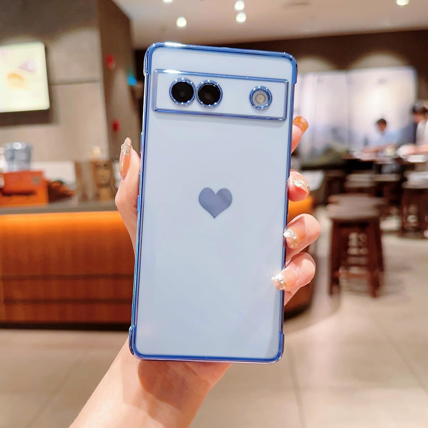 Phylla Compatible with Google Pixel 7A 6.1” 5G Phone Case Luxury Plating Cute Love Heart Side Small Pattern Case Full Camera Protection Soft Silicone Shockproof Bumper Cover (Blue)  PHYLLA   