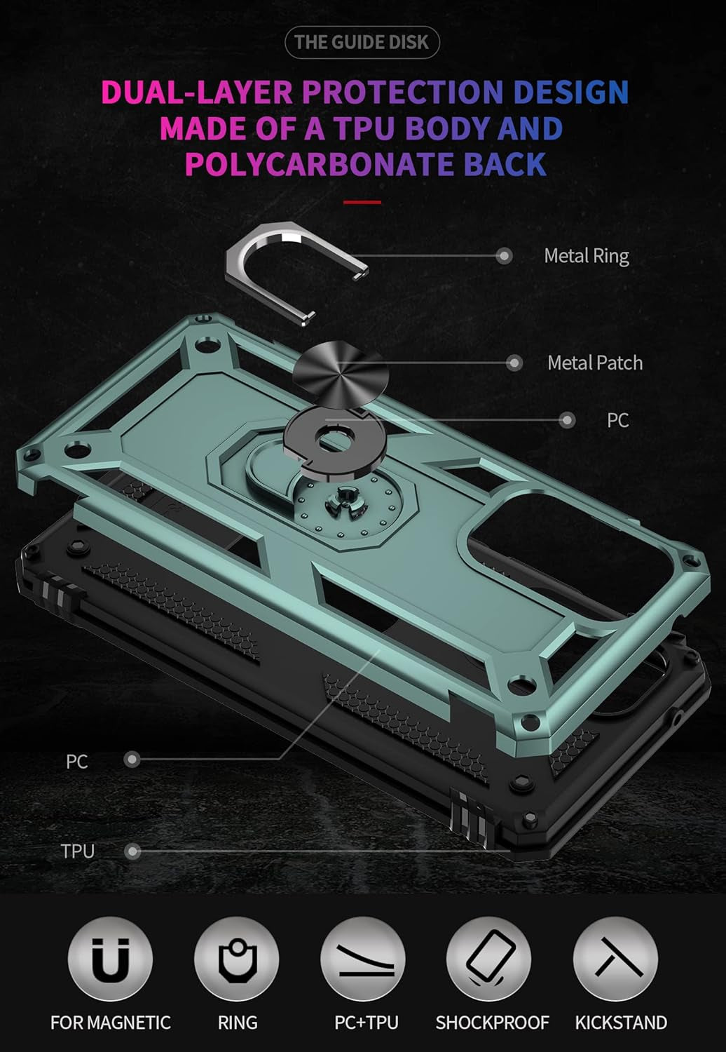 For Samsung Galaxy A53 5G Case with Screen Protector,Ring Kickstand Heavy Duty Protection Dual Layer Military Grade Drop Proof Protective Cover Hard Shell Phone Case for Samsung A53 5G (Green)