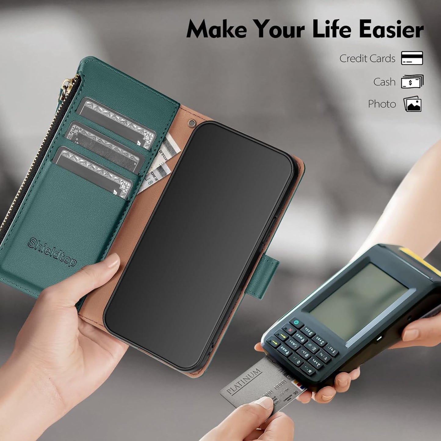 For Samsung Galaxy S22 Wallet Case,Galaxy S22 Phone Case PU Leather Flip Folio Protective Cover Wrist Strap Zipper Pocket Credit Card Slots Holder RFID Blocking,For Women Men,Blue Green