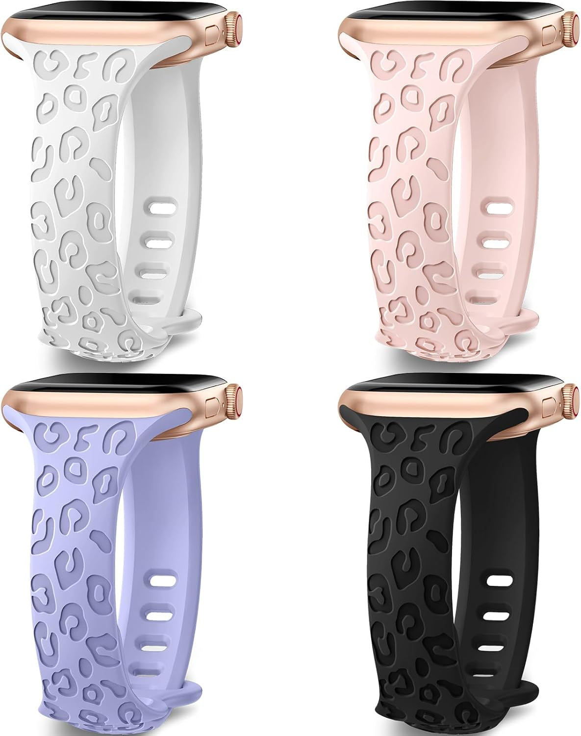 4-Pack Leopard Engraved Band Compatible with Apple Watch Bands 38Mm 40Mm 41Mm 44Mm 45Mm 42Mm Women, Thin Slim Sport Wristbands for Iwatch Ultra/Ultra 2 Series 9 8 7 6 5 4 3 2 1 SE