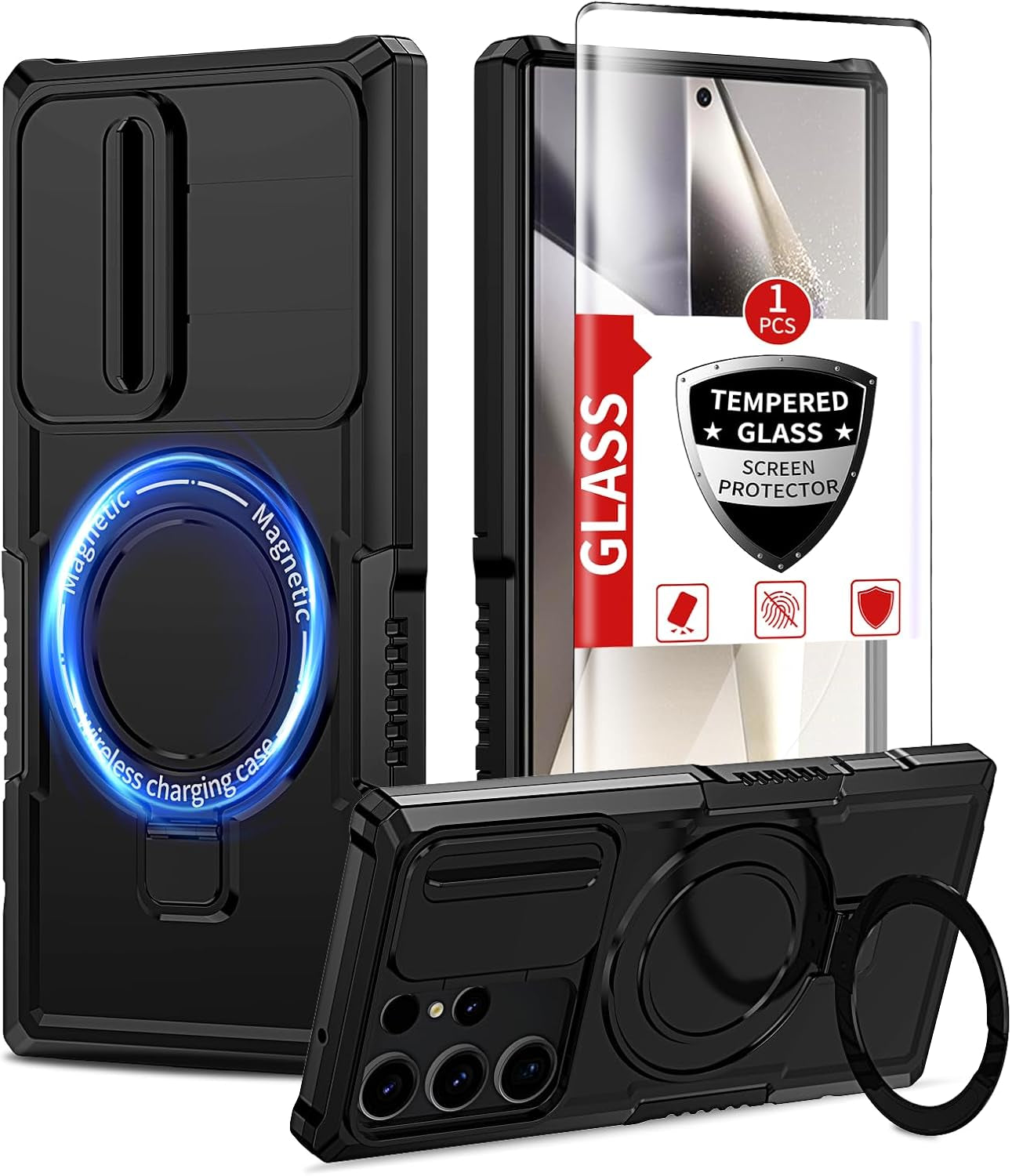 For Magnetic Samsung Galaxy S22 Ultra Case Compatible with Magsafe Galaxy S22 Ultra Case with Screen Protector,With Magnetic Stand&Camera Cover Protection Shockproof Galaxy S22Ultra Case Black