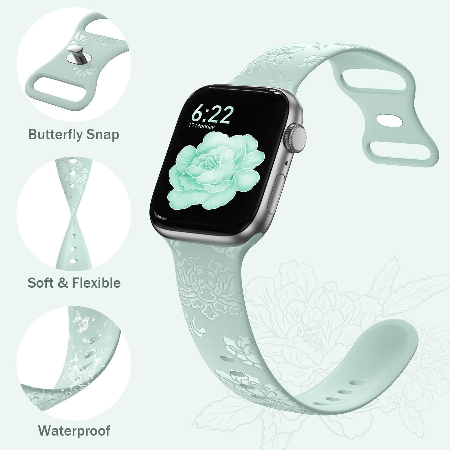 5 Pack Flower Engraved Silicone Band Compatible with Apple Watch Band 42Mm 44Mm 45Mm 47Mm, Elegant Peony Fancy Designer Sport Women Band Replacement for Iwatch Series 8 7 6 5 4 3 2 1 SE
