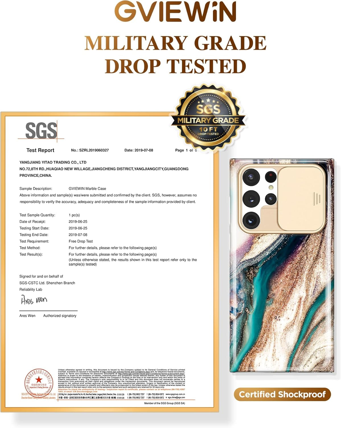 GVIEWIN Designed for Samsung Galaxy S22 Ultra Case with Slide Camera Cover, [Military Grade Drop Protection] Marble Slim Fit Shockproof Protective Phone Case for S22 Ultra 5G 6.8" 2022(Drift Sand)