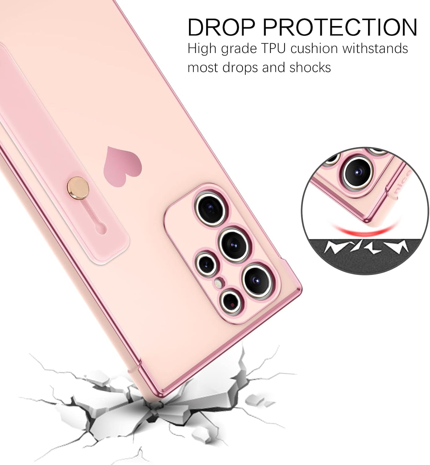 BENTOBEN Galaxy S22 Ultra Case,Slim Luxury Heart Design Plated Soft Bumper Women Men Girl Protective Case Cover with Strap for Samsung Galaxy S22 Ultra 6.8 Inch,Pink/Gold