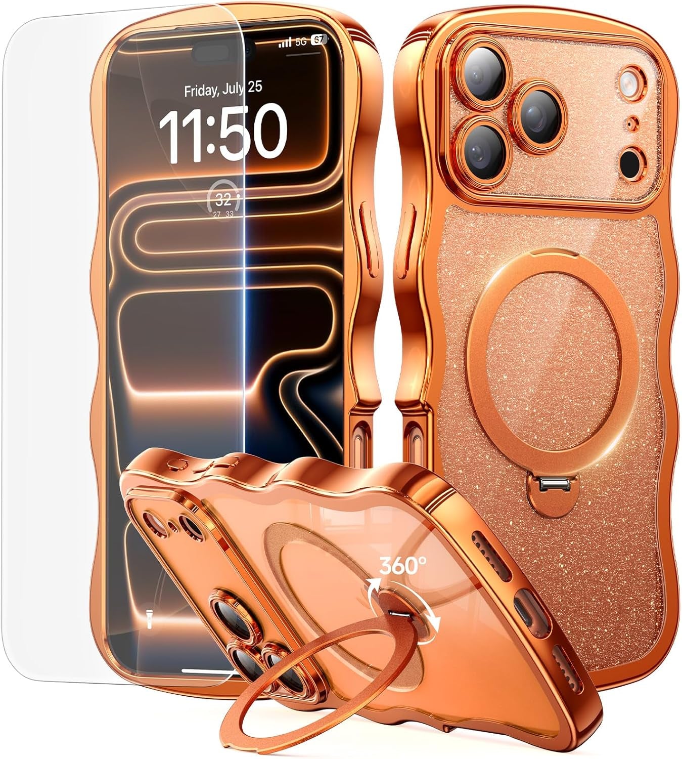 3 in 1 for Iphone 17 Pro Max Case with 360° Spin Magnetic Stand, 1X DIY Glitter Cardstock+1X Screen Protector, [Fit for Magsafe]Cute Wavy Glossy Clear Phone Cover for Women Girls 6.9", Cosmic Orange