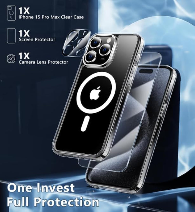 3 in 1 for Iphone 15 Pro Max Case - Magnetic - Clear - Compatible with Magsafe Ring - Not-Yellowing - Strong Magnetic Case - Clean Cover with 1 Glass Screen 1 Camara Lens Protectors Included  Guangzhou Pinjun Electronics Co., Ltd.   