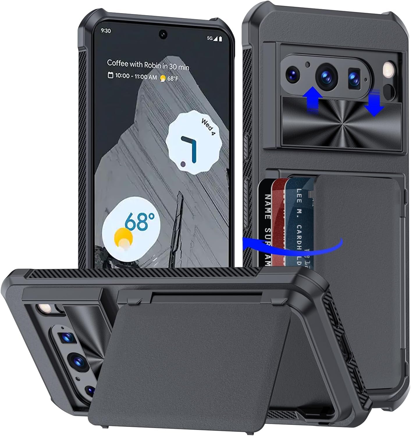 For Google Pixel 8 Pro Case with Card Holder(5 Cards), Google 8 Pro Wallet Case Built-In Kickstand Magnetic Flip Snap Soft TPU+PU Leather Durable Shockproof Case for Google 8 Pro (Black)  GooseBox Black-Sliding Privacy Lens Protection Google Pixel 8 Pro 