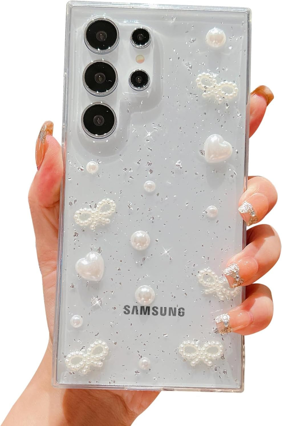 For Samsung Galaxy S21 Ultra Clear Case Cute 3D Pearl Bow Knots Heart with Design Aesthetic Women Phone Case for Girls, Glitter Sparkle Back Shockproof Soft TPU Bumper Cover