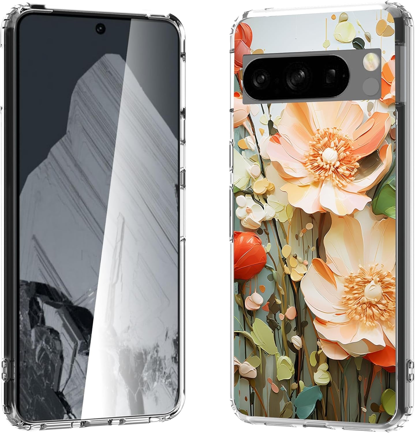 For Google Pixel 8 Clear Case with 3D Flower Printing Design, TPU+PC Slim Shock-Proof Protective Floral Cover for Women Girls, 6.2“ (Pic 5)  YIKECASE A-4 Google Pixel 8 Pro 