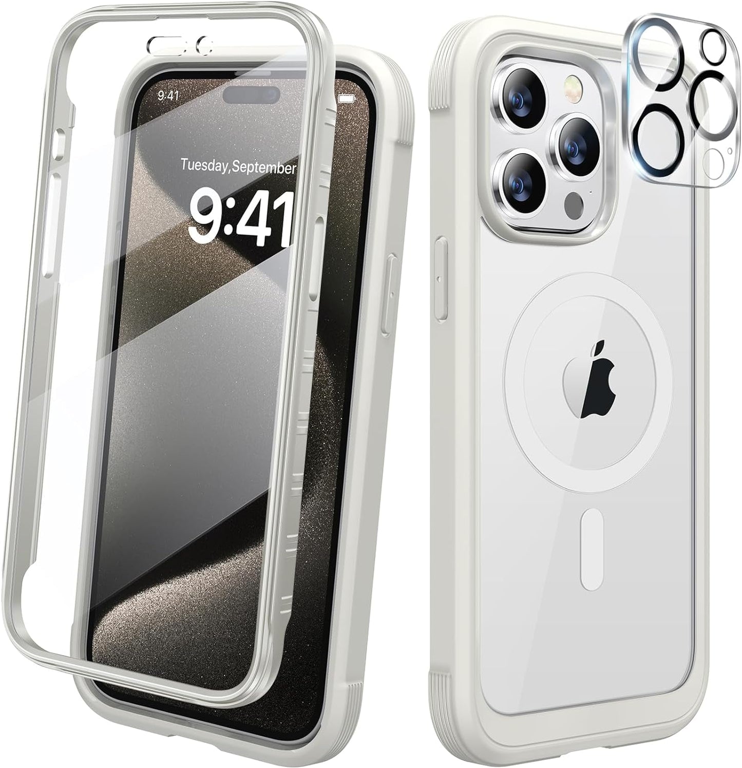 Diaclara Designed for Iphone 15 Pro Case, Full Body Rugged Case with Built-In Touch Sensitive Anti-Scratch Screen Protector, with Camera Lens Protector for Iphone 15 Pro 6.1",Frosted Clear  Diaclara Magnetic White Iphone 15 Pro 
