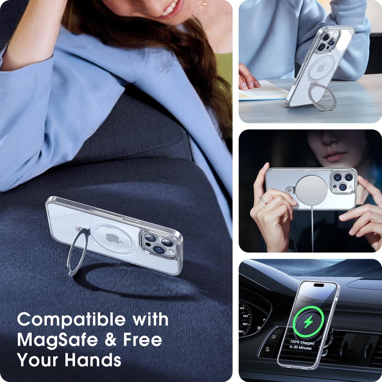 Alphex Titanium Stand for Magsafe Iphone 15 Pro Max Case, Polished Titanium Match for Iphone, 12FT Military Drop Protection, Shockproof Phone Ring Slim Cover 6.7 Inch, Silver Titanium  Alphex   