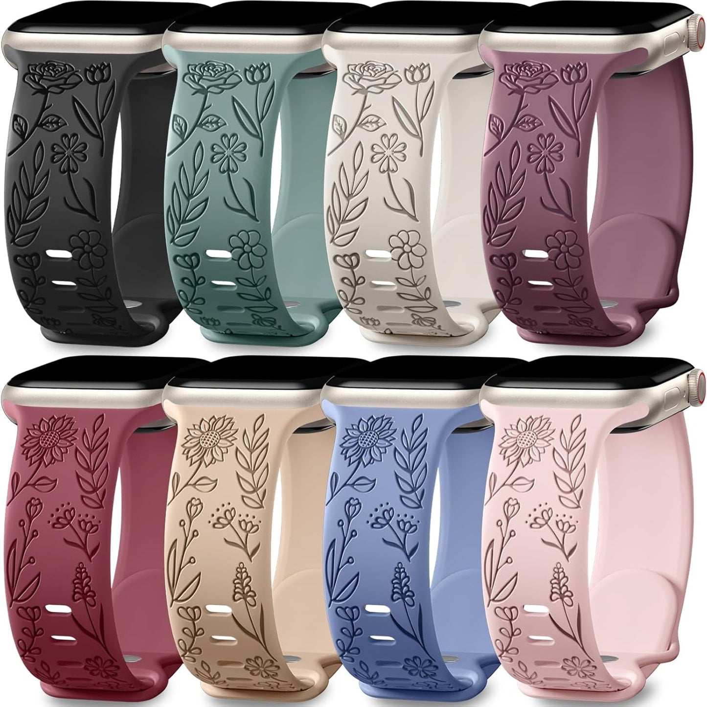 Easuny 8 Pack Bands for Women Apple Watch 40Mm 41Mm 38Mm 42Mm 44Mm 45Mm 49Mm Iwatch Series 9 8 7 6 5 4 3 Ultra 2/1 SE SE 2Nd, Soft Silicone Floral Engraved Dressy Wrist Straps
