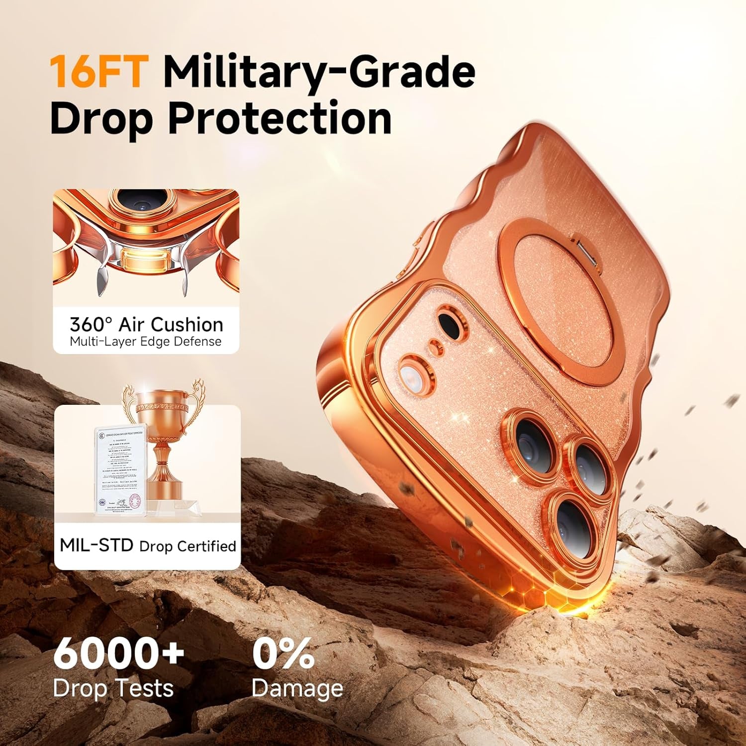 3 in 1 for Iphone 17 Pro Max Case with 360° Spin Magnetic Stand, 1X DIY Glitter Cardstock+1X Screen Protector, [Fit for Magsafe]Cute Wavy Glossy Clear Phone Cover for Women Girls 6.9", Cosmic Orange