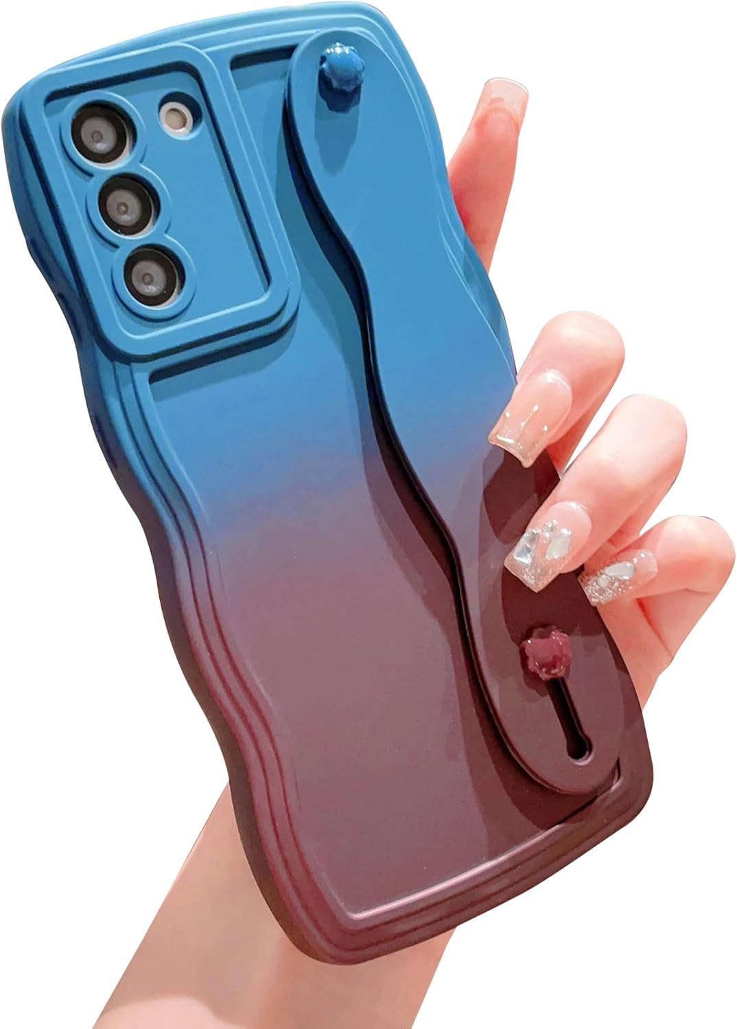 For Samsung Galaxy S22 plus Case with Wrist Strap Stand, Gradient Color Cute Wavy Curly Camera Lens Cover Soft Silicone Samsung S22+ Phone Case Cover 6.6" for Women Men (Hot Pink)