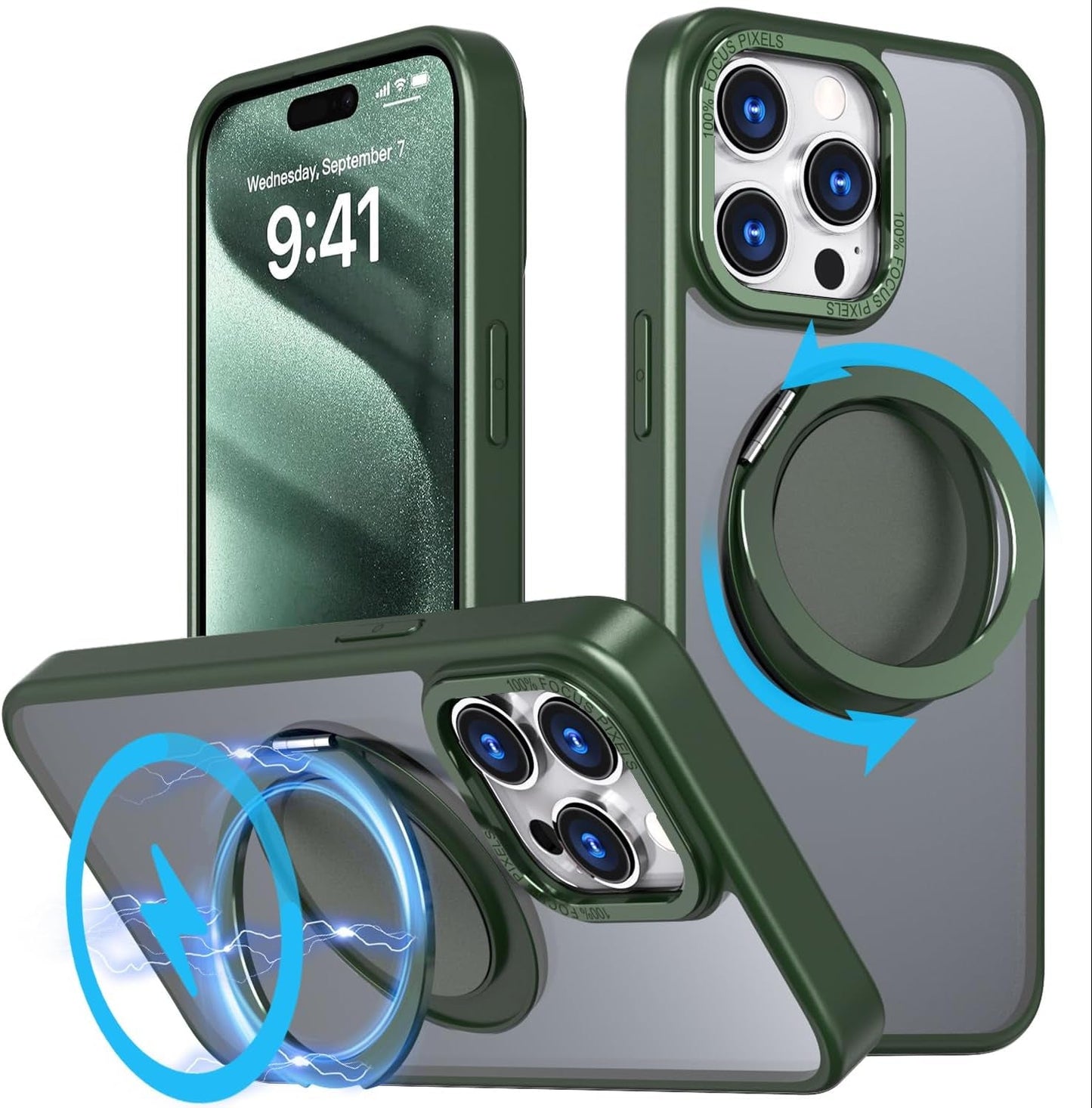 Mangix for Iphone 15 Pro Max Case,360° Rotatable & Invisible Magnetic Ring Stand Compatible with Magsafe, Anti-Fingerprint Protective Cover Translucent Back for Iphone 15 Promax Case (Black)  Mangix Green  