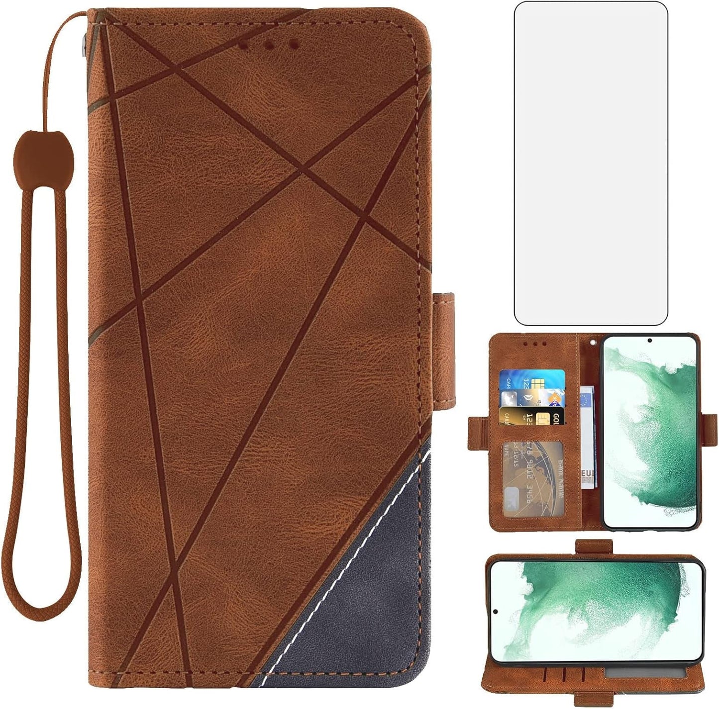 Asuwish Compatible with Samsung Galaxy S22 plus S22+ 5G Wallet Case Tempered Glass Screen Protector Leather Flip Card Holder Stand Cell Accessories Phone Cover for S22+5G S22Plus 22S + S 22 22+ Brown