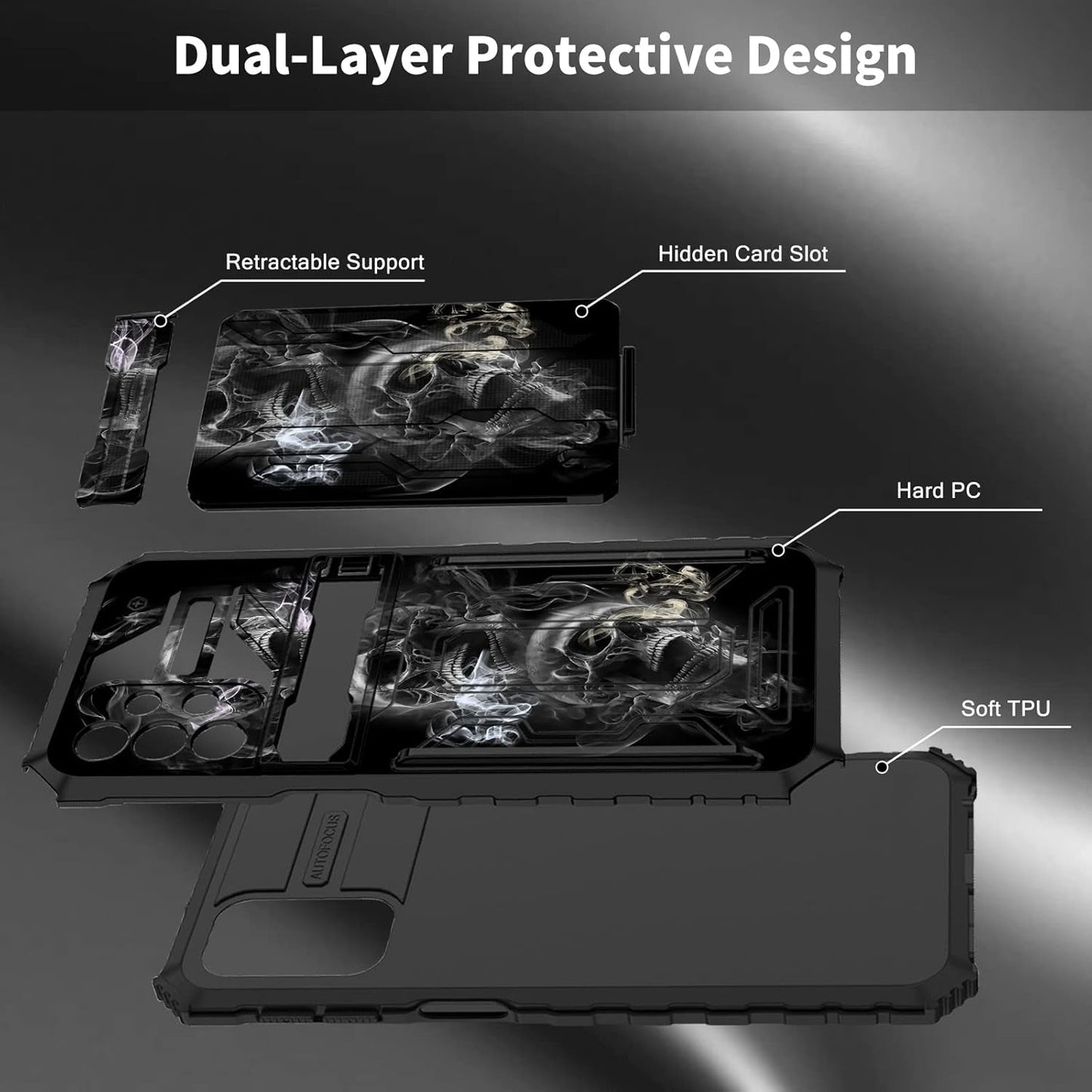 Case for Samsung Galaxy A53 5G with Detachable Card Holder Slot Kickstand Dual Layer Heavy Duty Shockproof Cover Hidden ID Cash Credit Wallet Case for Samsung A53 5G, Smoke Skull