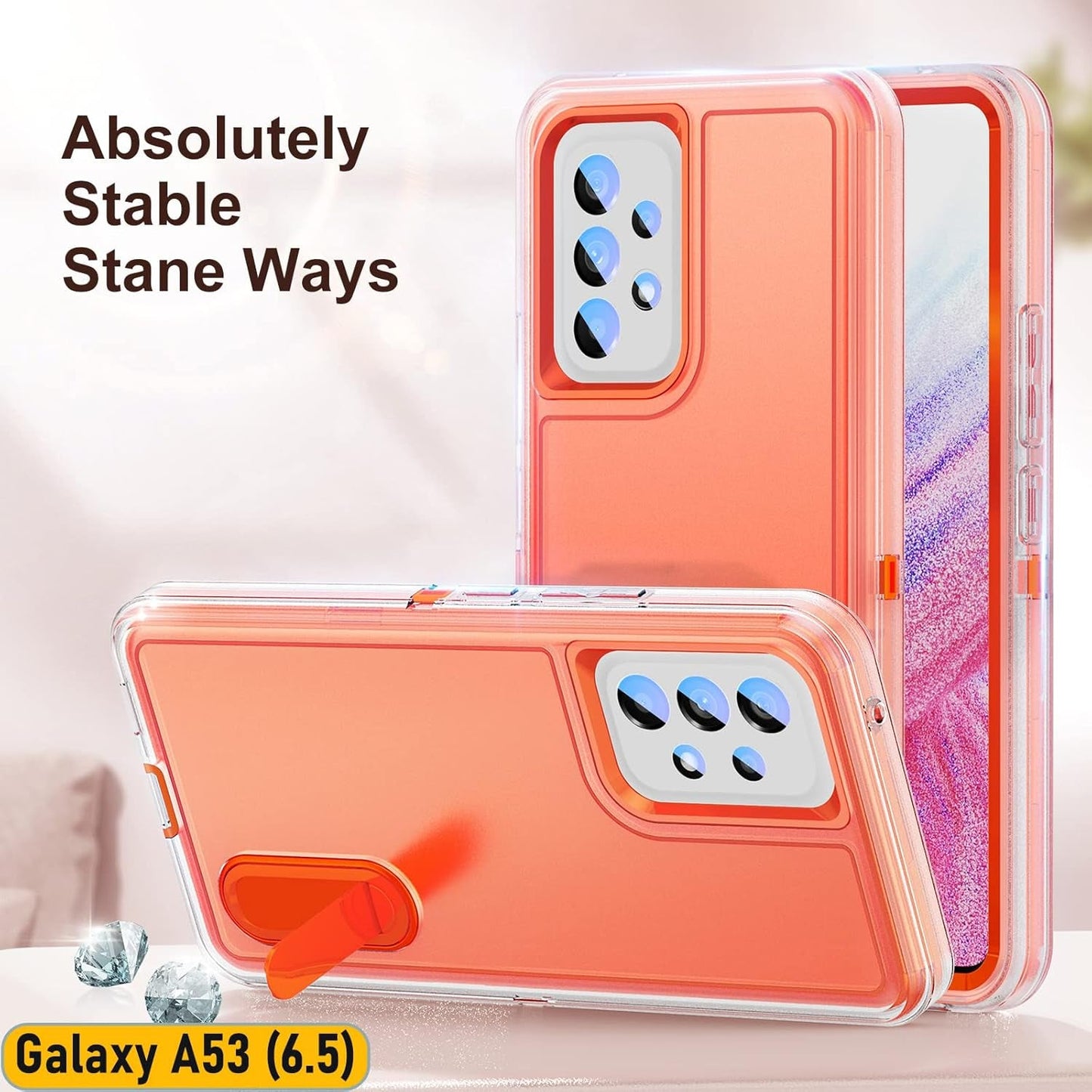 Case Is Specially Designed for Galaxy A53(5G) 6.5 Inch, Full Body Protection Heavy Duty Shock Absorbing 3 in 1 Silicone Rubber Built-In Stand with 2 Tempered Screen Protectors-Orange/Clear