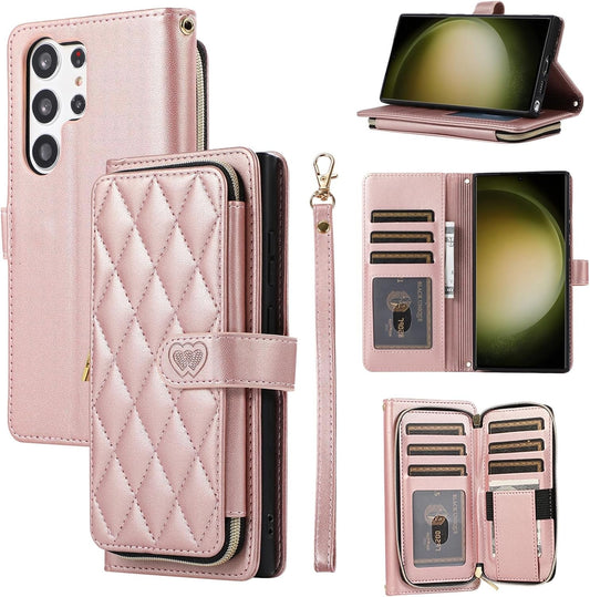 Furiet Wallet Case for Samsung Galaxy S22 Ultra 5G with Detachable Wrist Strap, 9+ Card Slots Zipper Purse, Luxury PU Leather Stand Full Body Phone Cover for S22Ultra 22S S 22 S22Ultra5G 6.8 Rose Gold