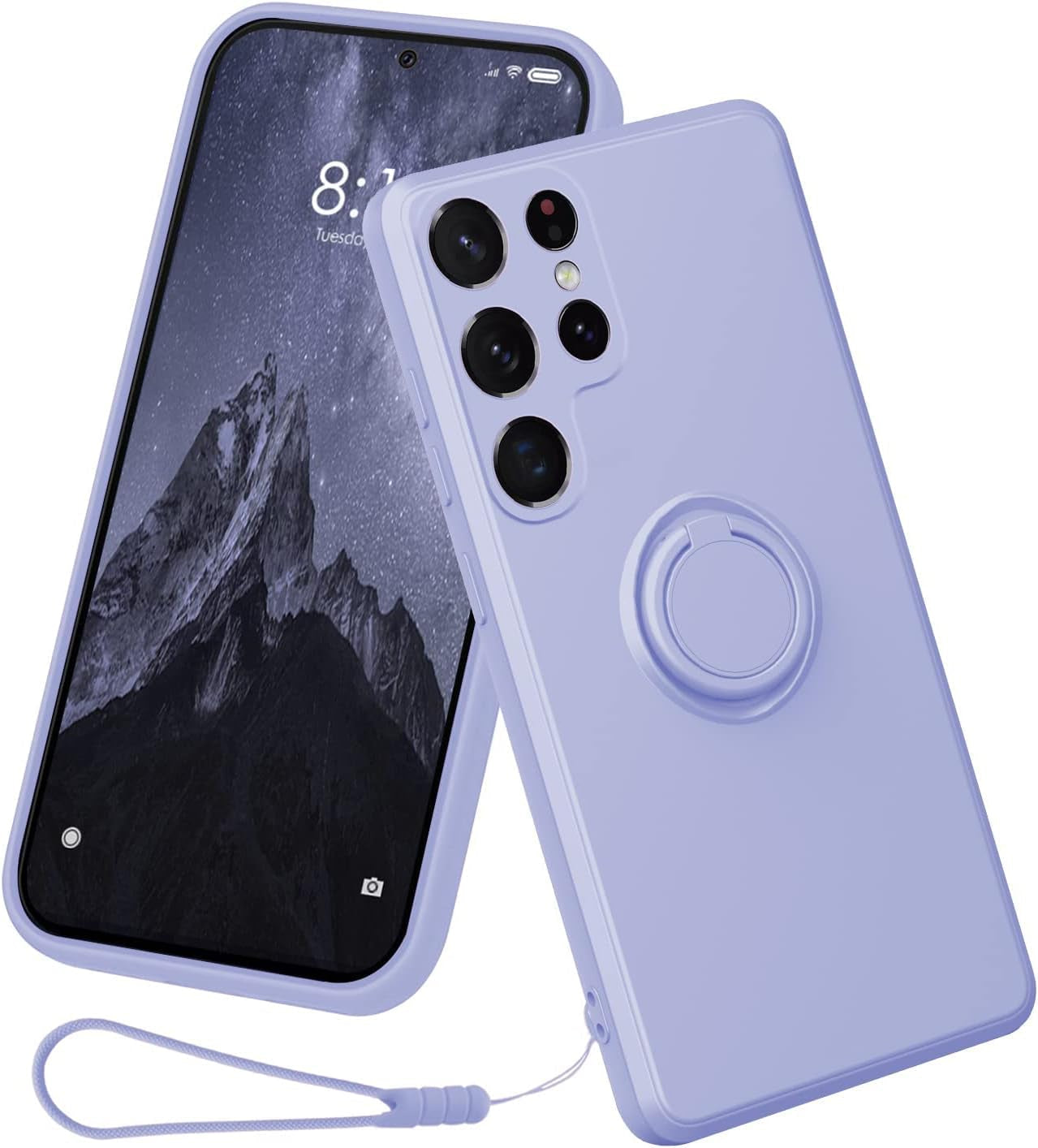 Case Compatible with Samsung Galaxy S22 Ultra（5G 2022 Released）, Silicone with Ring 360°Rotatable Kickstand Case Support Magnetic Car Mount，Protective Cover with Strap (Red)