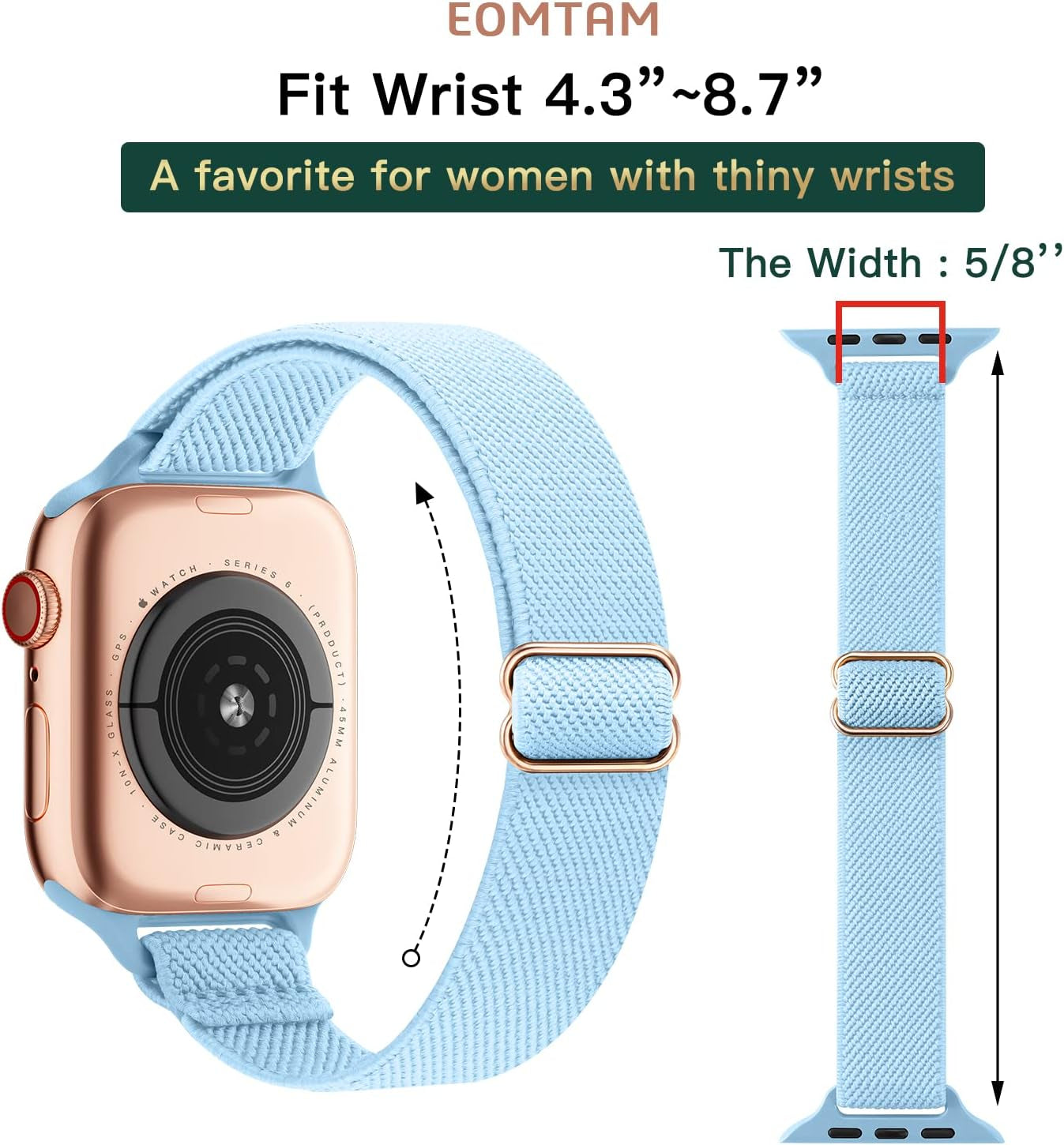 EOMTAM 6 Pack Slim Stretchy Compatible for Apple Watch Band 38Mm 40Mm 41Mm 42Mm 44Mm 45Mm Women,Lady Nylon Thin Elastics Wristbands Solo Loop Straps for Iwatch Series 8 7 6 SE 5 4 3