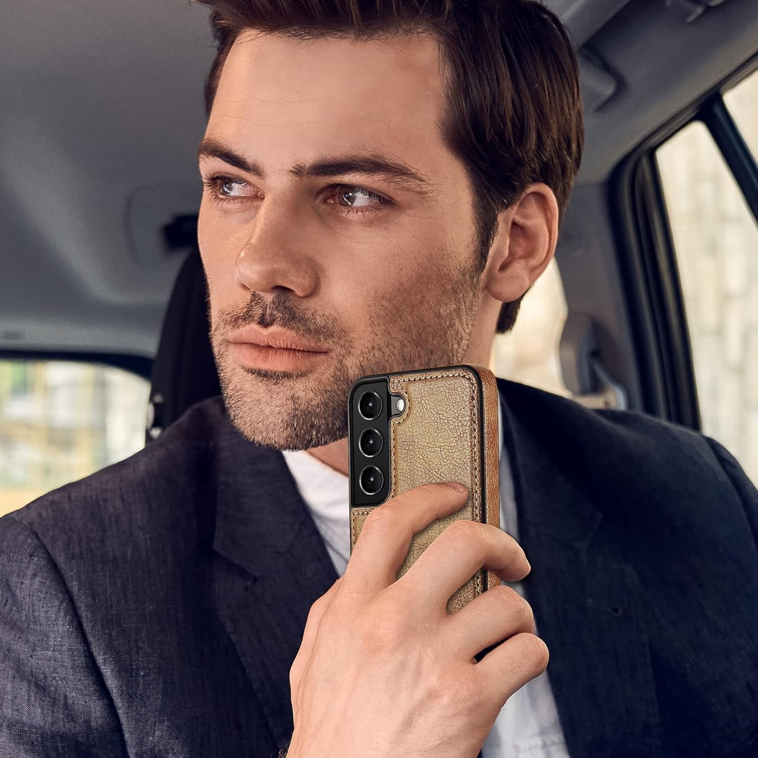 Design Compatible with Samsung Galaxy S22 5G Case Luxury Leather Business Slim Non-Slip Soft Grip Shockproof Protective Cover 2022 6.06 Inch (Brown)