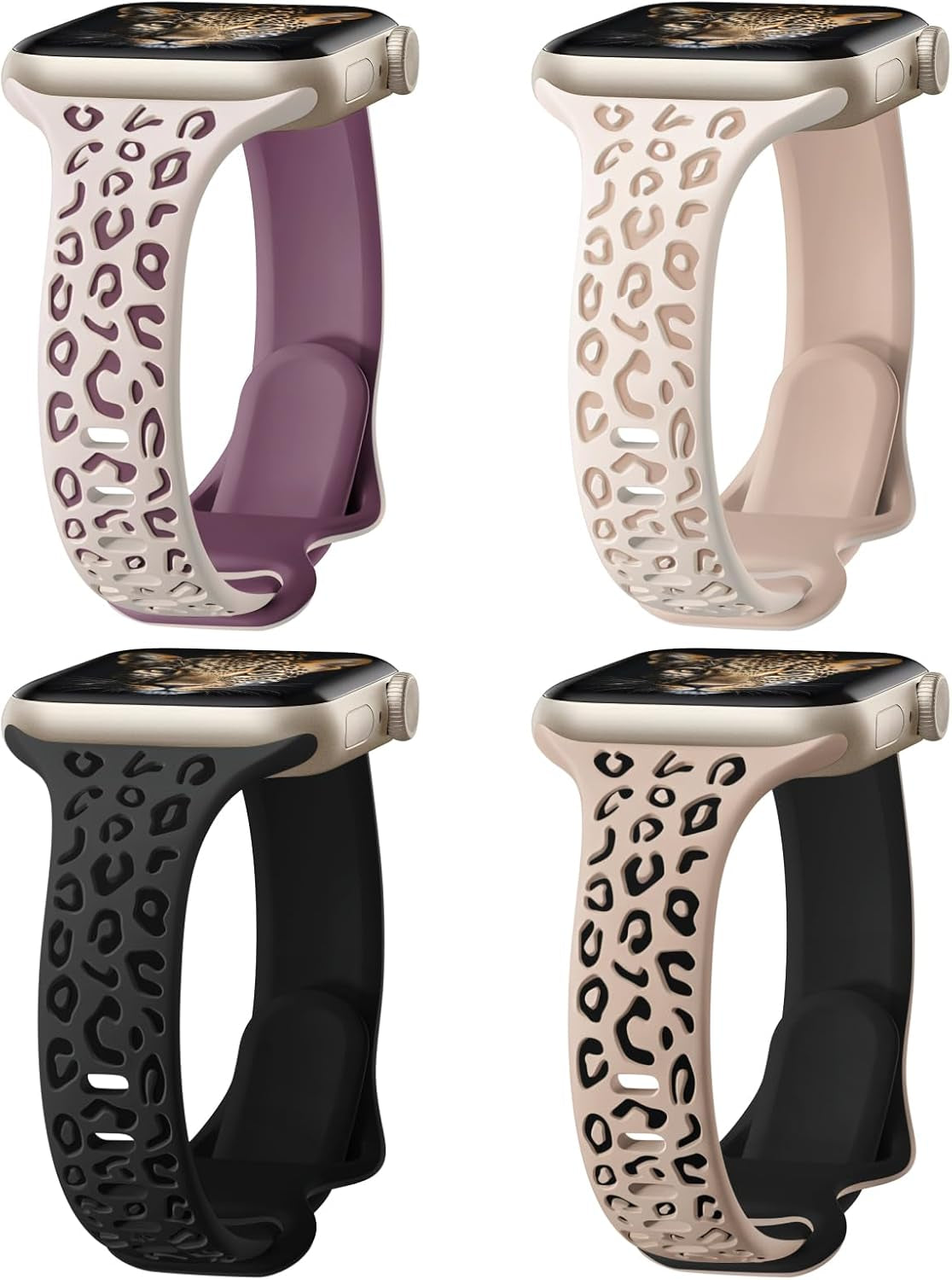 4 Pack Slim Leopard Engraved Bands Compatible for Apple Watch Bands 41Mm 40Mm 38Mm 45Mm 44Mm 42Mm 49Mm Women, Thin Soft Silicone Cheetah Sport Strap for Iwatch Bands Series 9 8 7 6 5 4 3 2 1 Ultra SE