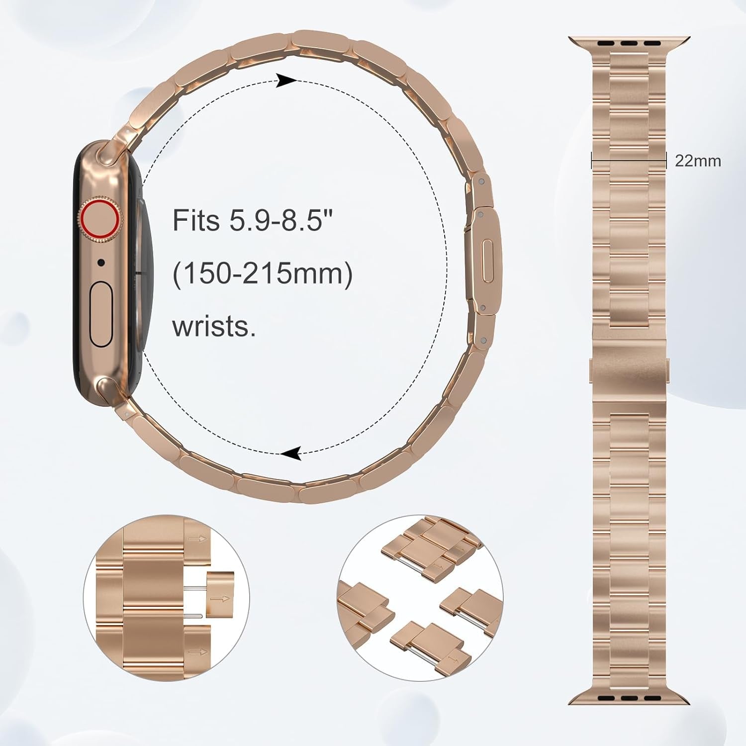 Finestone Metal Band for Apple Watch - No Tool Needed Apple Watch Stainless Steel Band Compatible with Apple Watch 41Mm 40Mm 38Mm - Magnetic Clasp Strap for Iwatch Series 9/8/7/6/5/4/3/2/1 SE Rose Gold