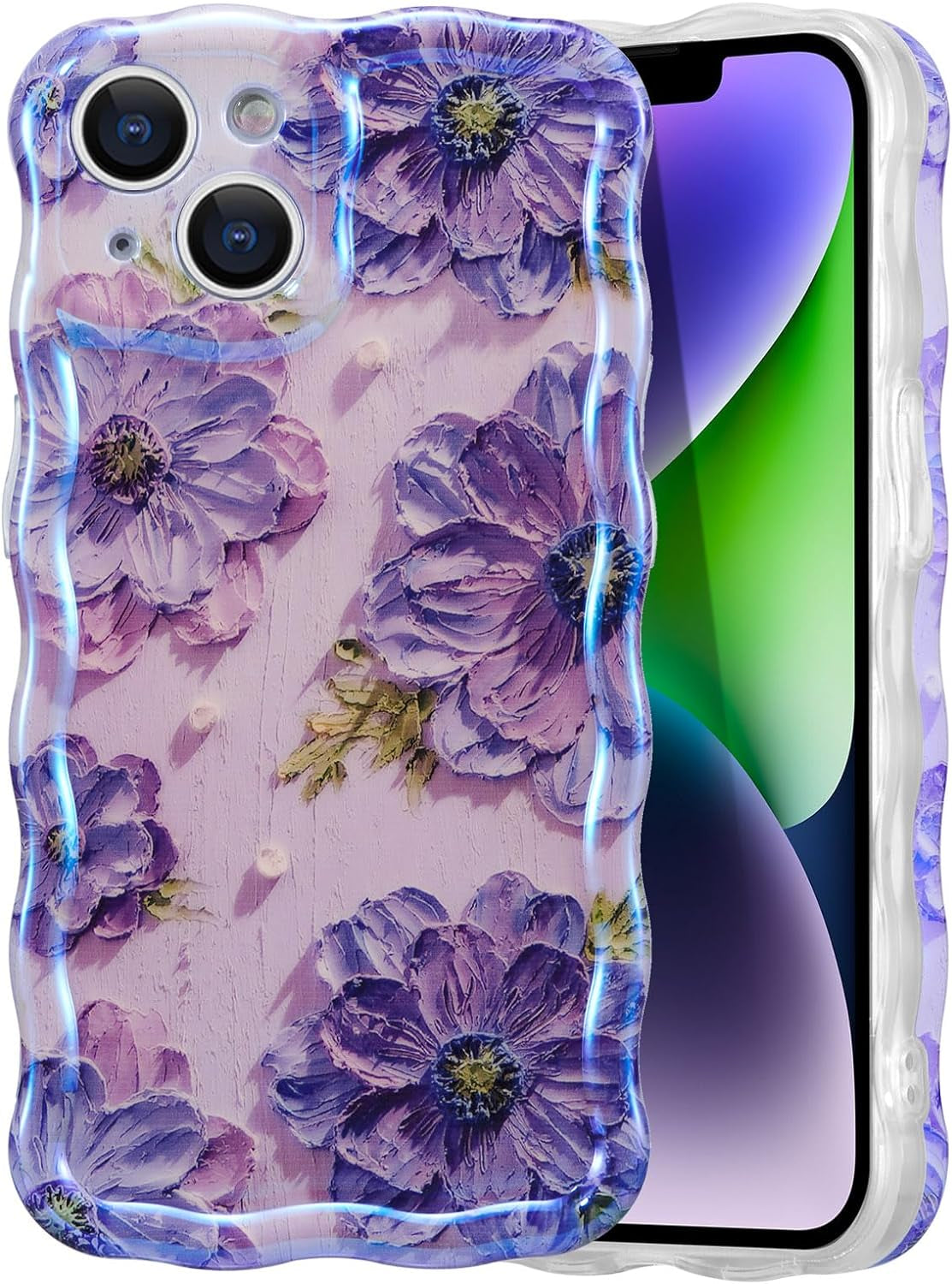 EYZUTAK Case for Iphone 14 Pro, Colorful Retro Oil Painting Flower Leaf Laser Glossy Pattern Cute Curly Wave Edge Exquisite Phone Cover Stylish Durable TPU Protective Case for Girls Women - Blue Green  EYZUTAK Purple Iphone 13 