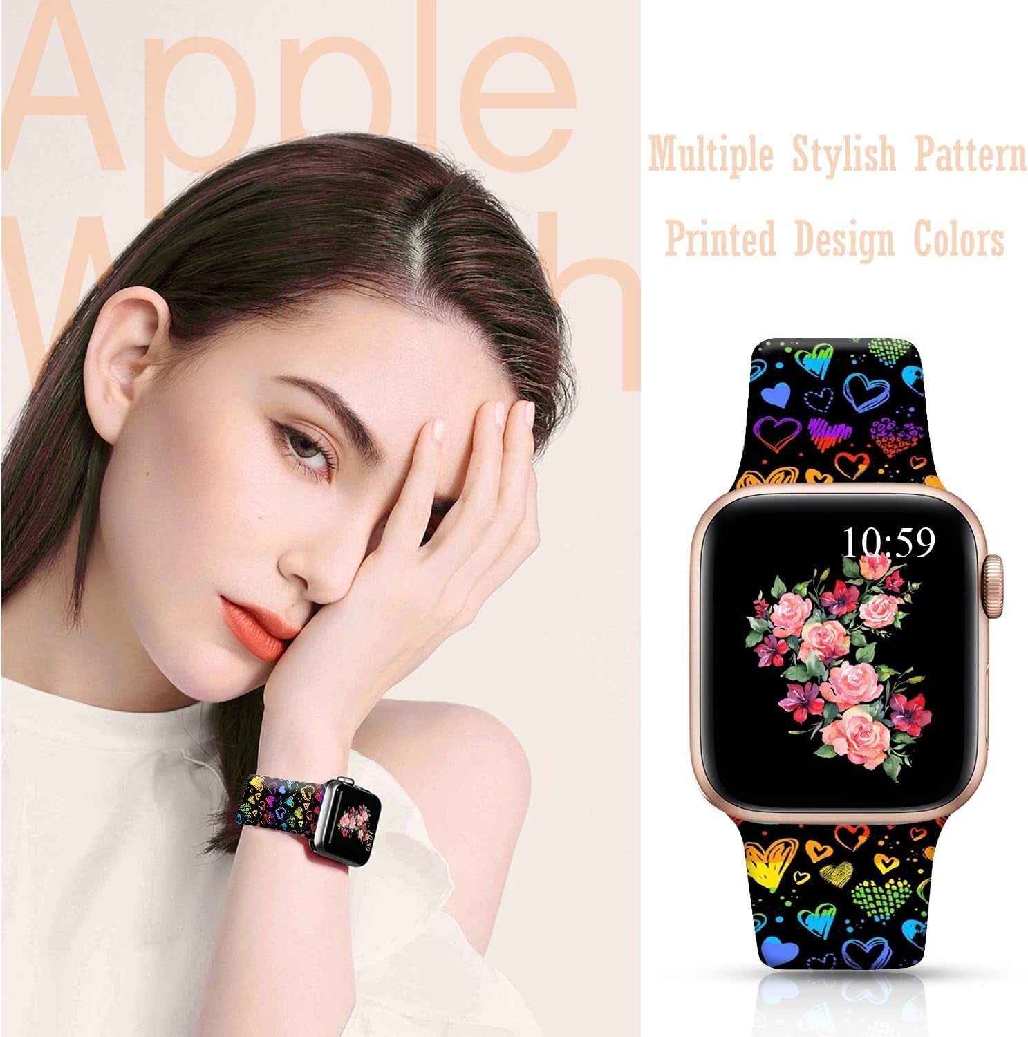 Floral Bands Compatible with Iwatch 38Mm/42Mm/40Mm/44Mm, Floral Chevron Silicone Fadeless Pattern Printed Replacement Bands for Iwatch Series 5/4/3/2/1, M/L for Women/Men