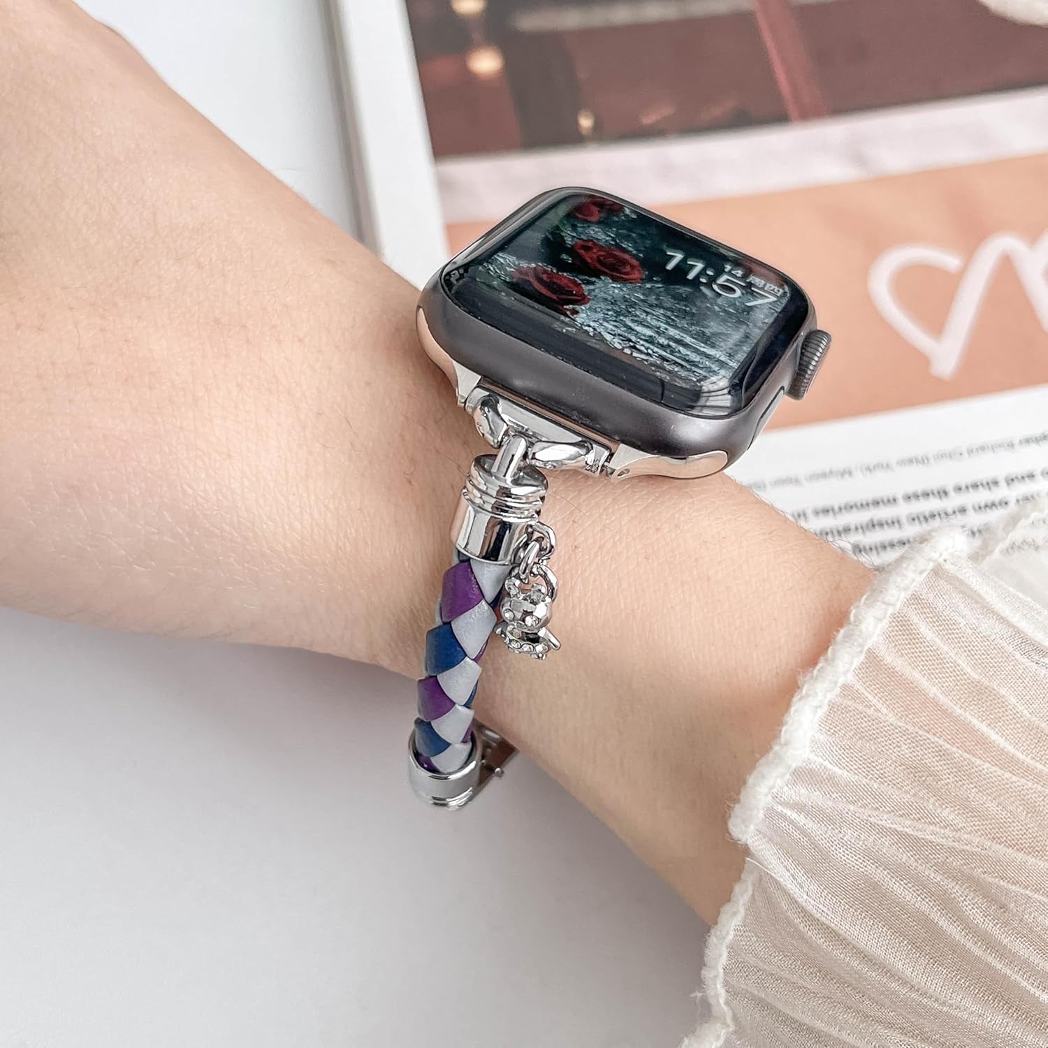 Braided Leather Band Compatible with Apple Watch 38Mm 40Mm 41Mm 42Mm 44Mm 45Mm 49Mm, Bling Crystal Pendant Strap Dressy Metal Bracelet for Iwatch Series 9 8 7 6 5 4 3 2 1 SE Ultra