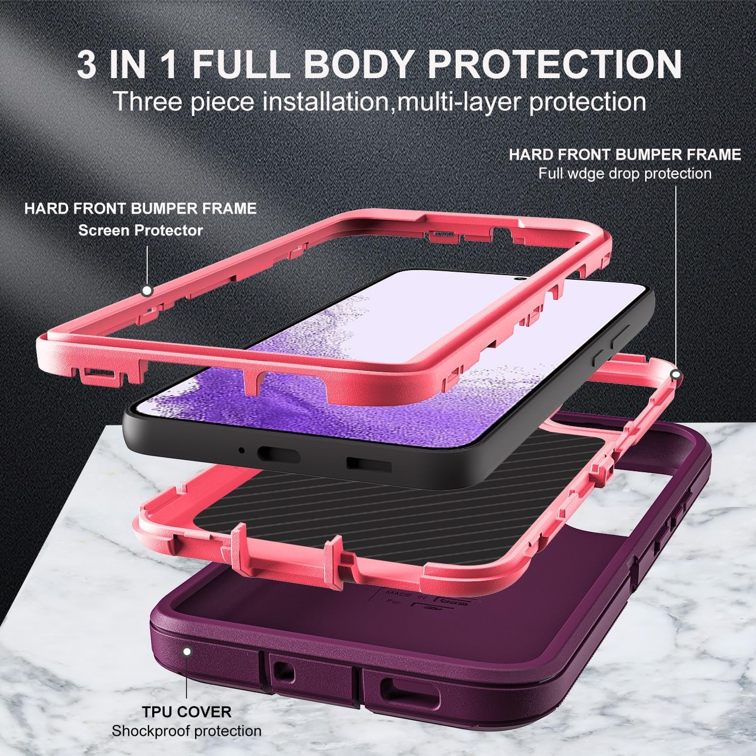 For Samsung Galaxy S22 Case, with 2Pcs [Self Healing Flexible TPU Screen Protector & Camera Lens Protector] Military Grade 3 in 1 Heavy Duty Case for Galaxy S22 5G 6.1 Inch (Purple/Pink)