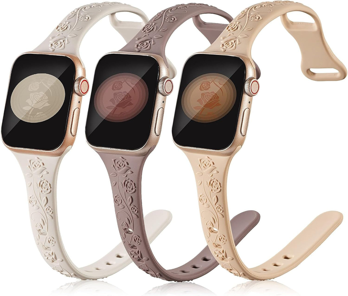 3 Pack Slim Floral Engraved Compatible with Apple Watch Bands 41/40/38/42/44/45/49Mm Women, Thin Narrow Soft Silicone Rose Embossed Sport Strap for Iwatch Series 9/8/7/6/5/4/SE/3/2/1 Ultra 2