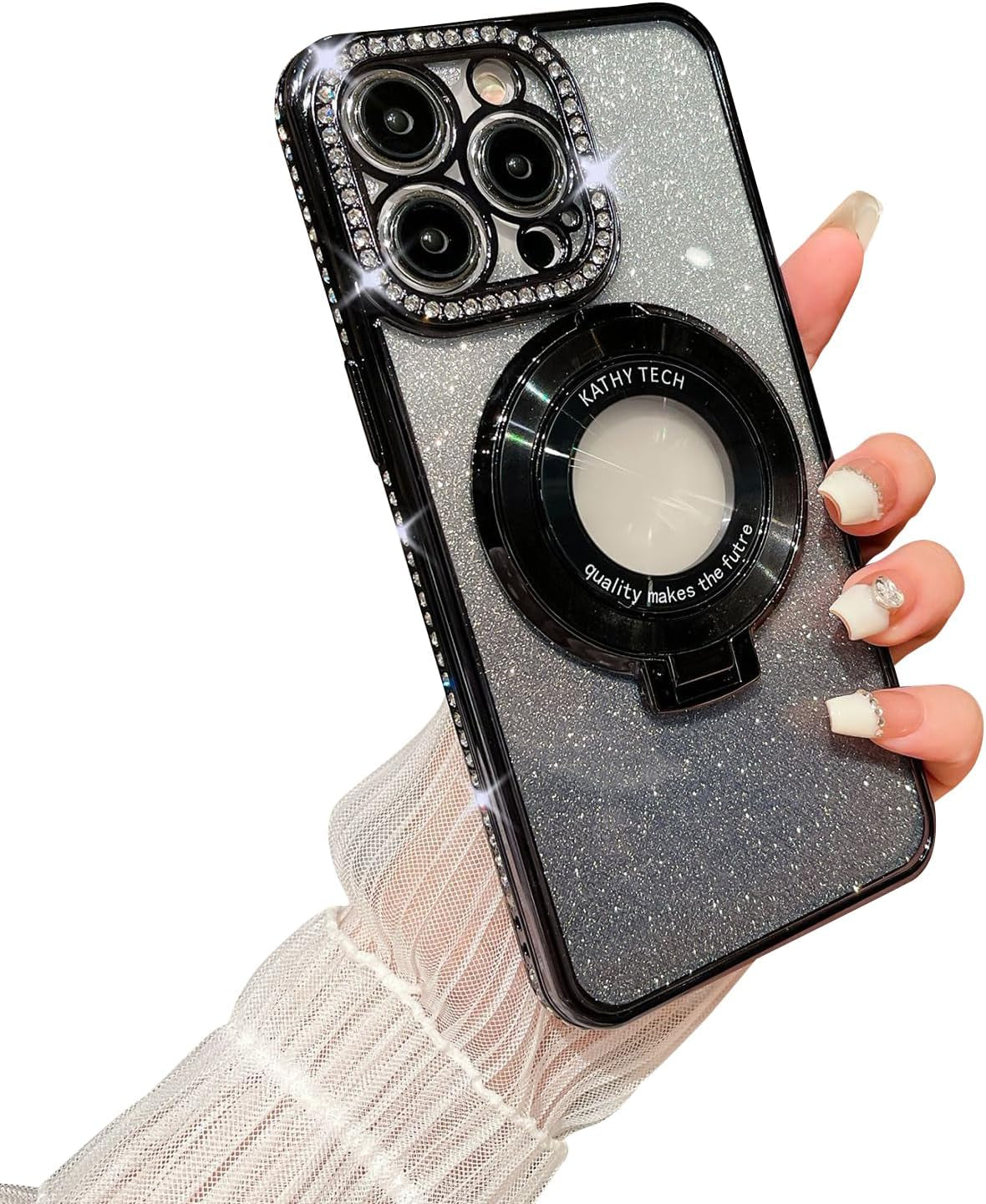 Fycyko Magnetic Case for Iphone 15 Pro Max with Holder Stand,Rhinestone Glitter Plated Bling Luxury Phone Case（Compatible with Magsafe） Shockproof Kickstand Design for Iphone 15 Pro Max-Pink  Fycyko Black Iphone 15 Pro Max 