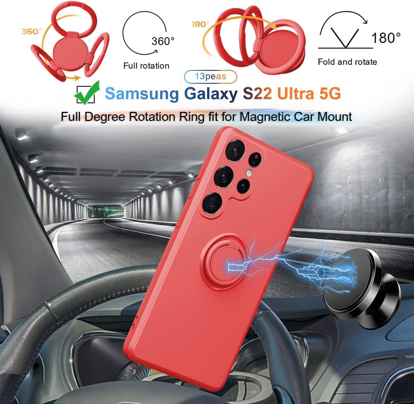 Case Compatible with Samsung Galaxy S22 Ultra（5G 2022 Released）, Silicone with Ring 360°Rotatable Kickstand Case Support Magnetic Car Mount，Protective Cover with Strap (Red)