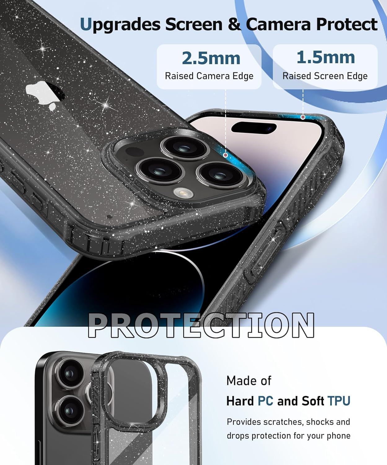 MIODIK Case Compatible with Iphone 15 Pro Clear Glitter, 2Pcs Screen Protector + 2Pcs Camera Protector, Women Cute [Military-Grade Protective] [Anti-Yellowing] Slim Cover 6.1" 2023 (Sparkle Black)  MIODIK   
