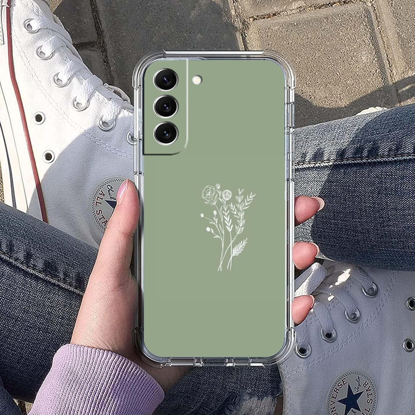 Green Flower Case for Samsung Galaxy S22 Plus,Aesthetic Abstract Minimalism Floral Pattern Case,Soft TPU Full Cover Case for Galaxy S22 Plus