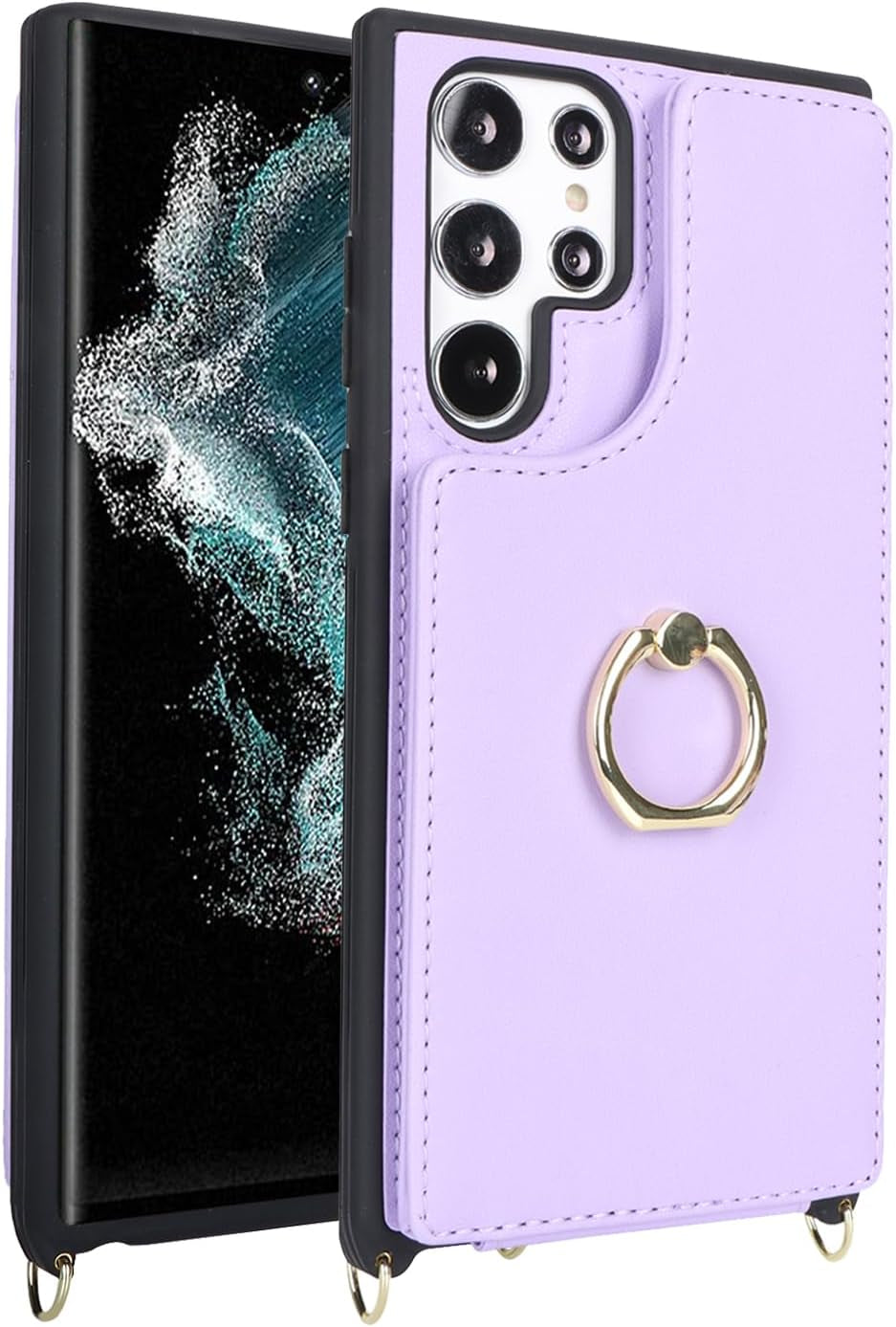 For Samsung Galaxy S22 Ultra Case with Card Holder and Strap for Women,Crossbody Lanyard,Ring Stand,Snap Clasp,Phone Wallet Cases 6.8 Inch(Purple)
