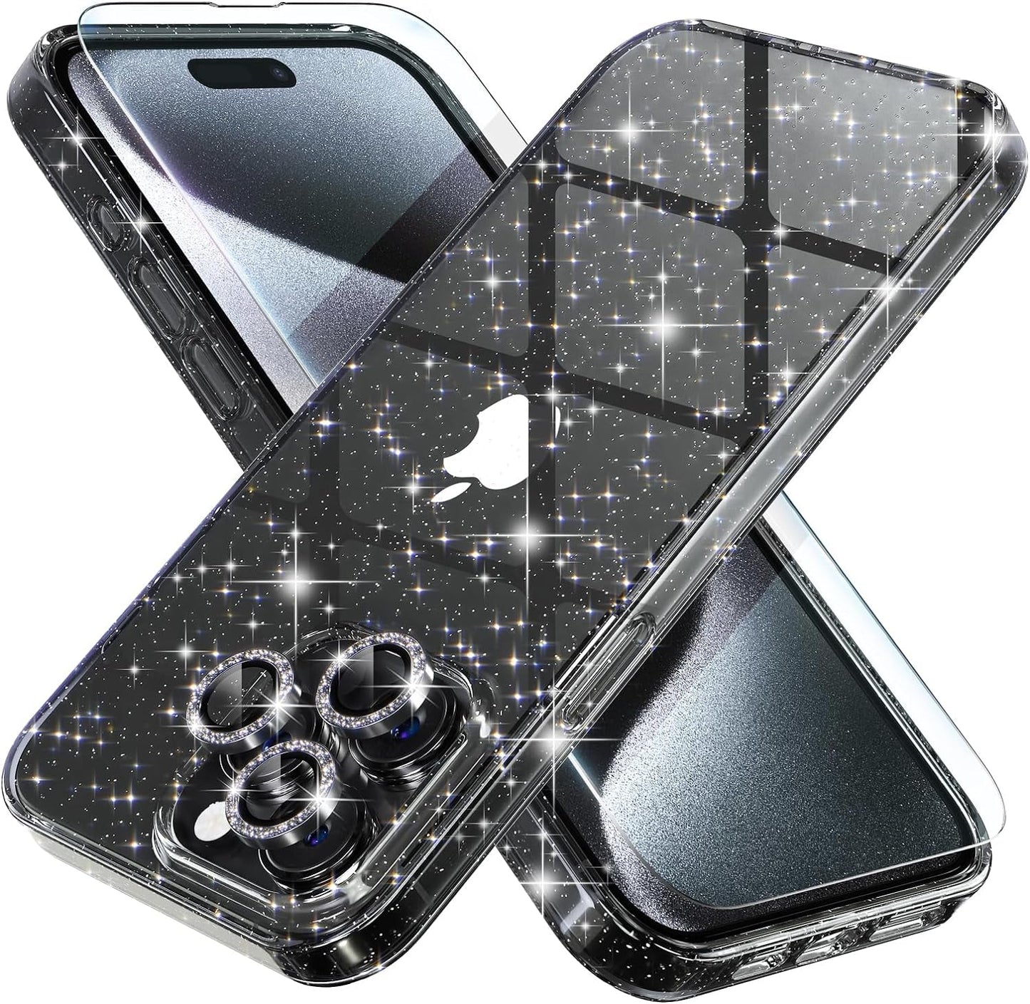Choiche Compatible for Iphone 15 Pro Case, Women Cute Clear Glitter Bling Sparkly Case, [3 X Diamond Camera Lens Protectors] [2 X Tempered Glass Screen Protectors] 6.1-Inch (Glitter Clear)  Choiche Glitter Black  