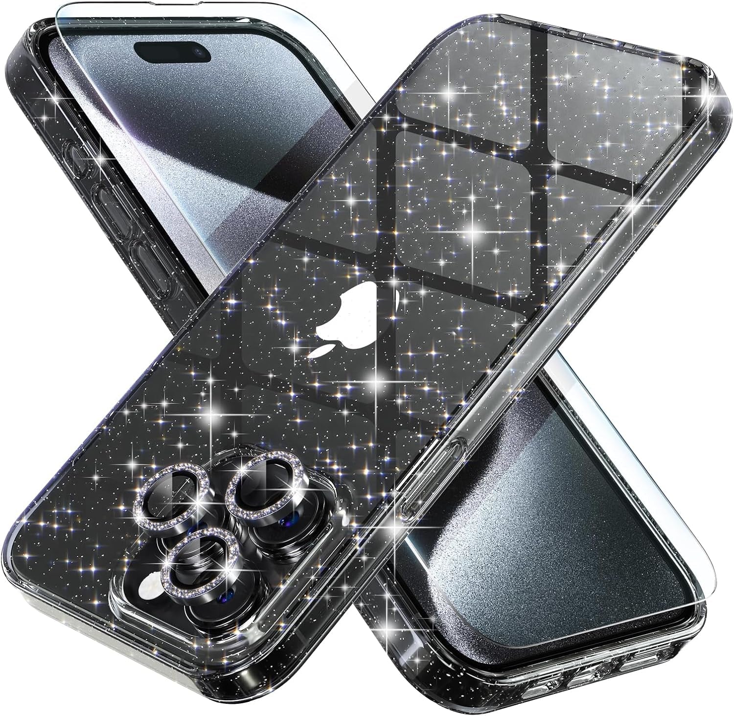 Choiche Compatible for Iphone 15 Pro Case, Women Cute Clear Glitter Bling Sparkly Case, [3 X Diamond Camera Lens Protectors] [2 X Tempered Glass Screen Protectors] 6.1-Inch (Glitter Clear)  Choiche Glitter Black  