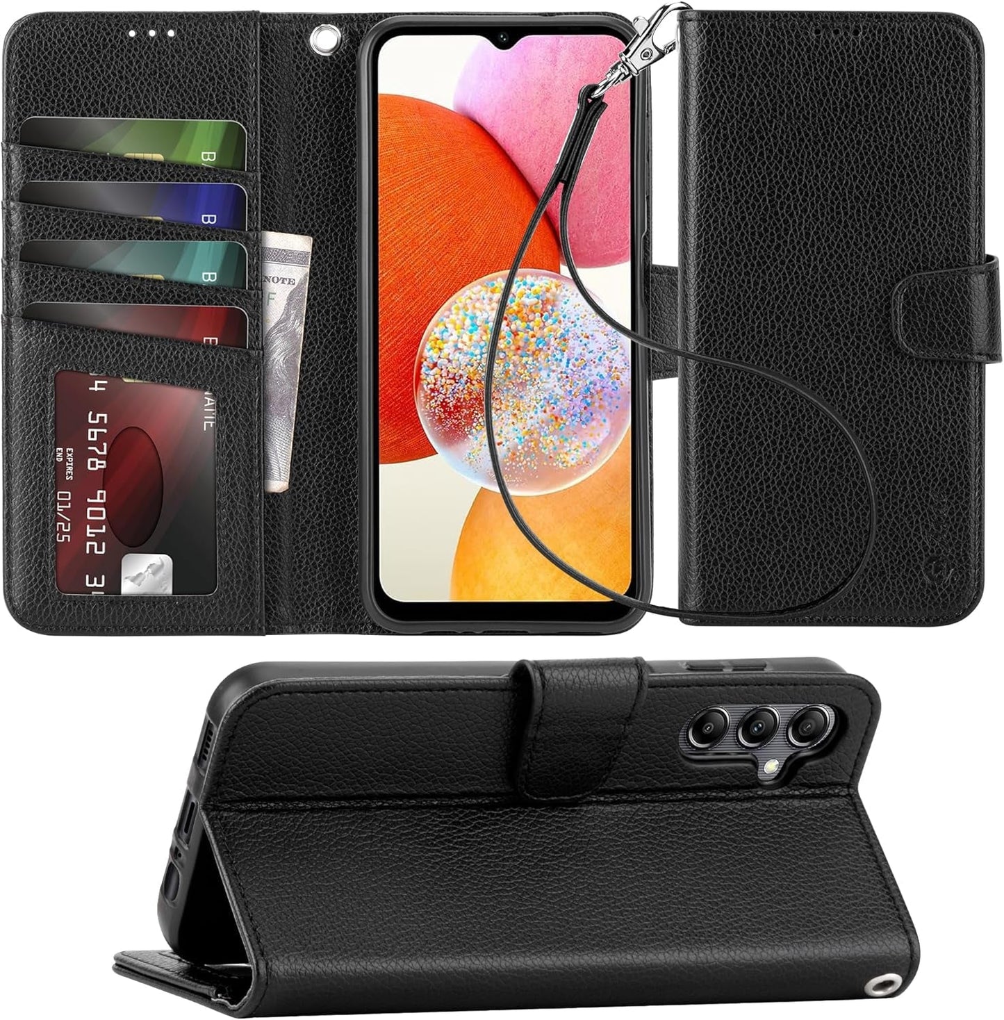 Arae Case for Samsung Galaxy S22 Ultra 5G PU Leather Wallet Case Cover [Stand Feature] with Wrist Strap and [4-Slots] Id&Credit Cards Pocket (S22 Ultra-6.8 Inch, Black)