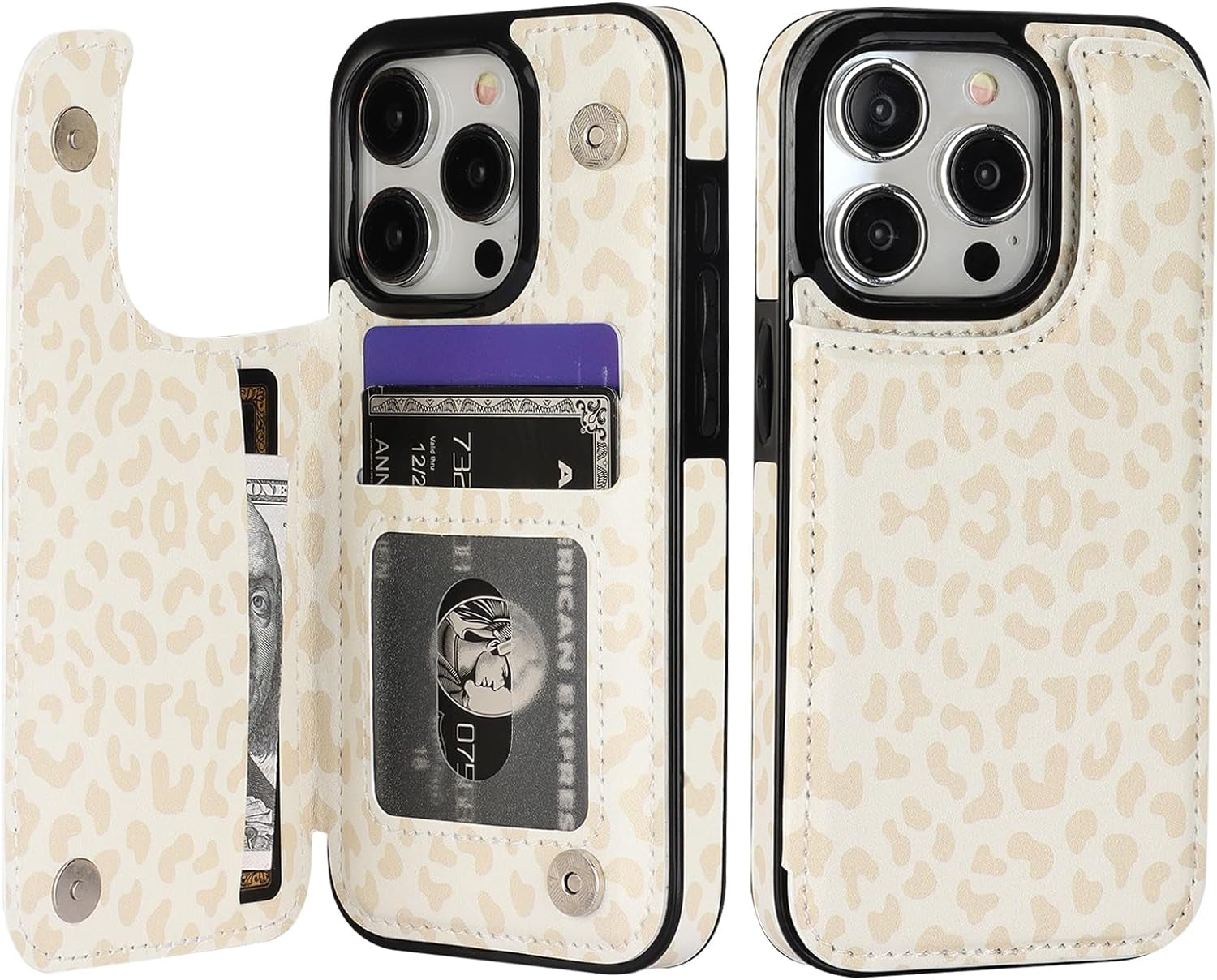 HAOPINSH for Iphone 15 Pro Wallet Case with Card Holder, Blooming Sunflowers Pattern Back Flip Folio PU Leather Kickstand Card Slots Case for Women Girls, Double Magnetic Clasp Cover 6.1"  HAOPINSH Cream-Coloured Leopard  